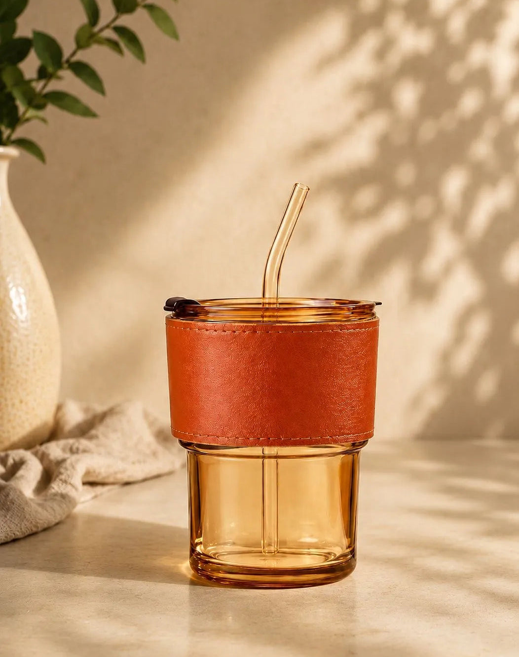 ANKUL Beer Can Glass Tumbler with Straw and Lid Leather Band