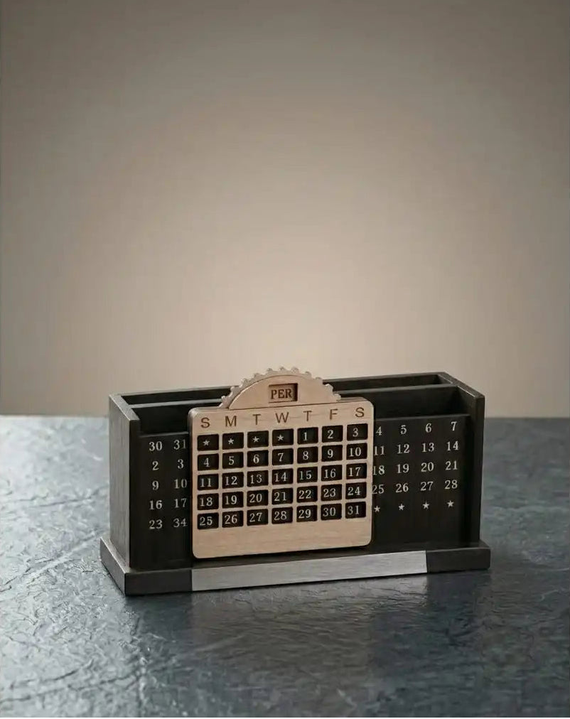 Personalized Engraved Lifetime Calendar Wooden Pen Stand